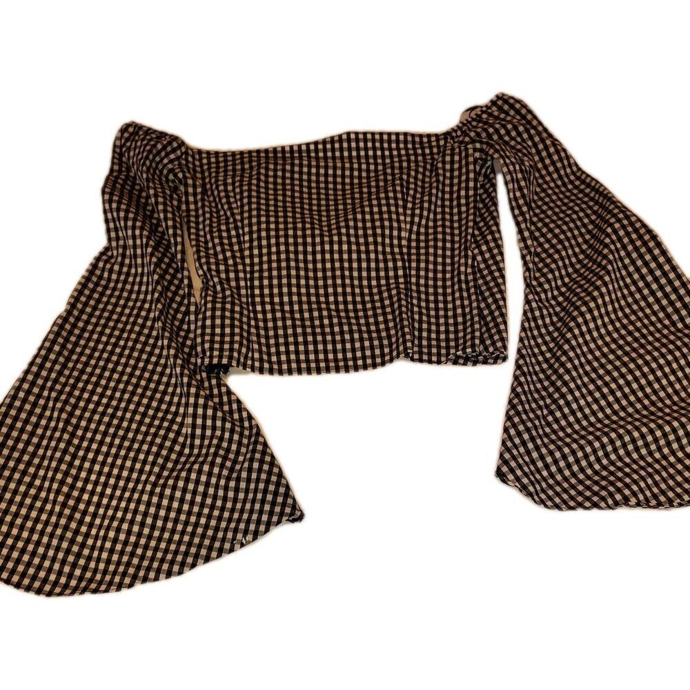 Forever 21 Gingham Crop Top Off Shoulder Bell Sleeve Black White S - Picture 2 of 9